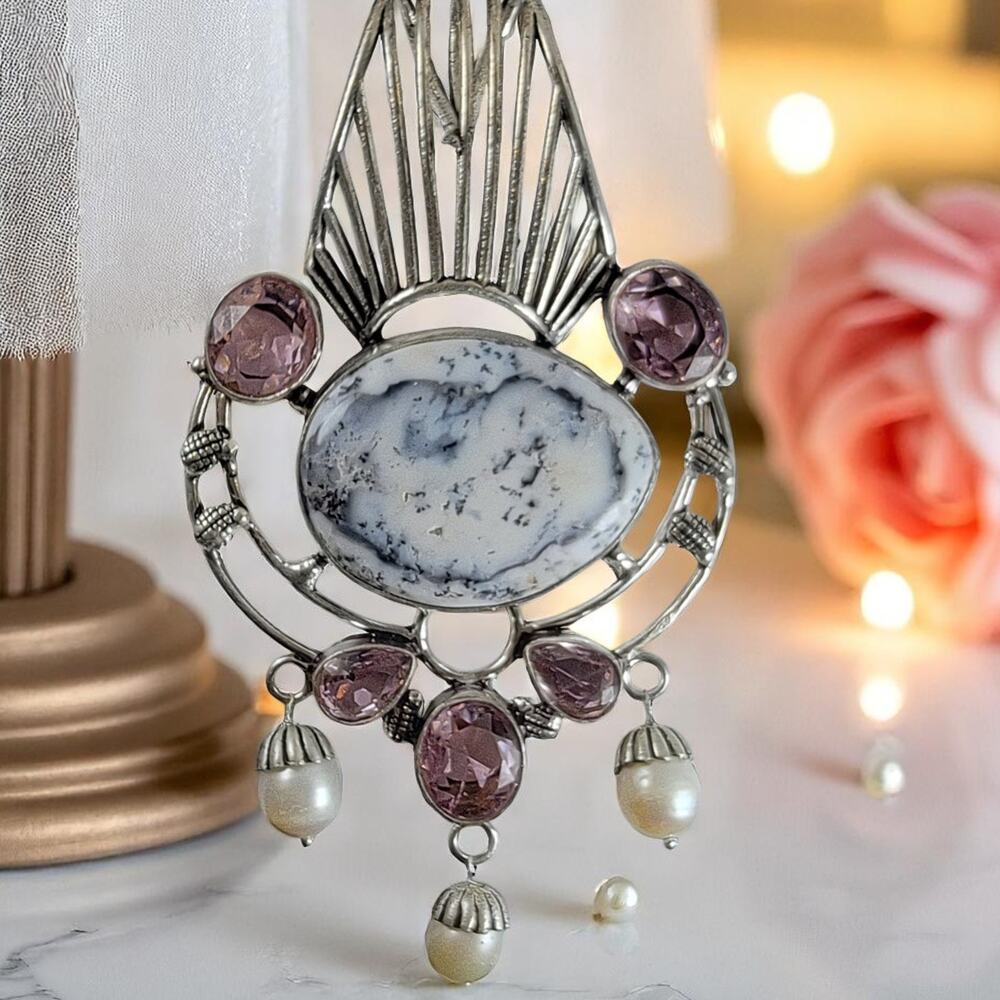 Dendritic Opal Pink Gemstone Pearl Pendant 3" Sterling Silver Jewelry